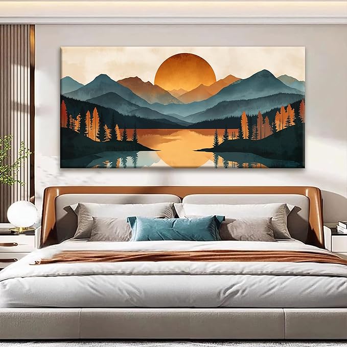 Colorful Mountain Boho Wall Art For Living Room Large Size Canvas Art Wall Decor For Office Modern Bedroom Decorations Forest River Landscape Pictures Paintings Artwork Mural Aesthetic Artwork 29 X 58 In