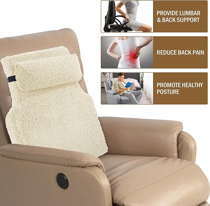 HOMBYS Sherpa Fleece Lumbar Support Pillow with Headrest, Memory Foam Recliner Chair Cushion for Back Pain, Big High Back Support with Chair Headrest for Elderly (Beige)