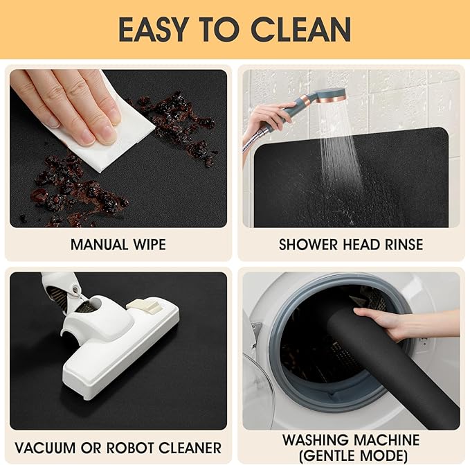 Ultra Thin Bath Mat, Upgrade Backing Non Slip Thin Bath Mats Fit Under Door, Quick Dry Ultra Absorbent Bathroom Rugs, Machine Washable Bath Rugs for Bathroom, Bathtub & Kitchen, Black/Solid/36"x24"