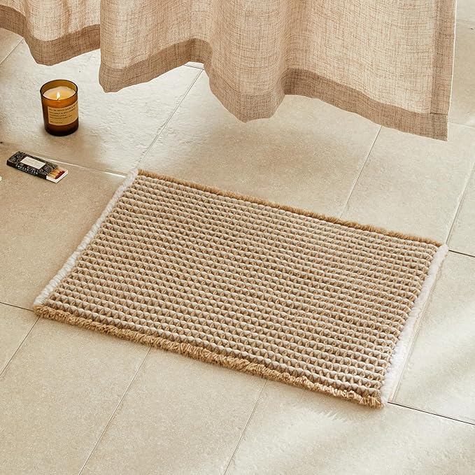 Waffle Bath Mat, Boho Bathroom Rugs Non Slip Washable Super Absorbent Quick Dry Bath Mat Farmhouse Bathroom Decor, 30"x20" Khaki and White