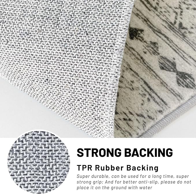 KUTA Boho Washable Runner Rug 2x5 ft Grey Moroccan Washable Runners for Hallways Non-Slip Vintage Kitchen Rug Ultra Soft Distressed Geometric Floor Carpet for Bedroom Laundry Living Room
