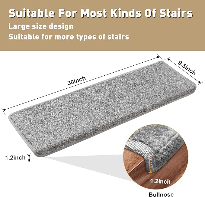 PURE ERA Bullnose Carpet Stair Treads Set Tape Free Non-Slip Indoor Stair Protectors Pet Friendly Rugs Covers Soft Skid Resistant Washable Reusable 9.5" x 30"(7 Pieces,Gray)