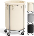 SONGMICS 18.5-Gallon (70 L) Laundry Basket with Wheels, Rolling Round Heavy-Duty Laundry Hamper Cart with Steel Frame and Removable Bag, 2 Locking Wheels, Cream White and Metallic Silver URLS006W01