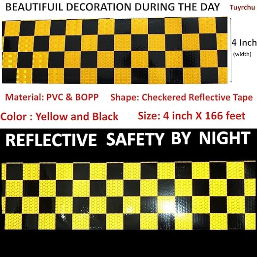 Reflective Tape Yellow Black 4 inch X 166 feet, Outdoor Waterproof Hazard Conspicuity Warning Industrial Marking Tape