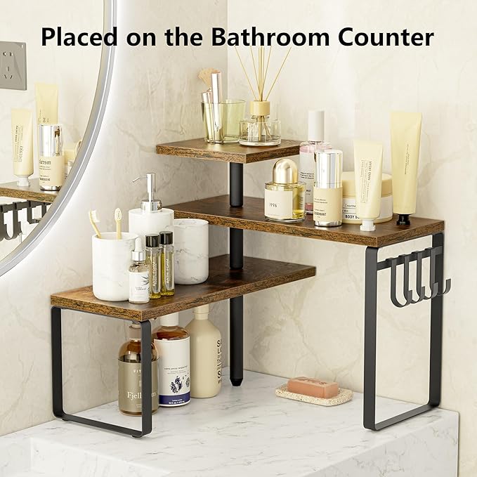 Alsonerbay Kitchen Organizer Countertop Kitchen Organization,3 Tier Corner Shelf Organizer with Removable Hooks for Coffee Station, Bathroom Counter (Rustic Brown)