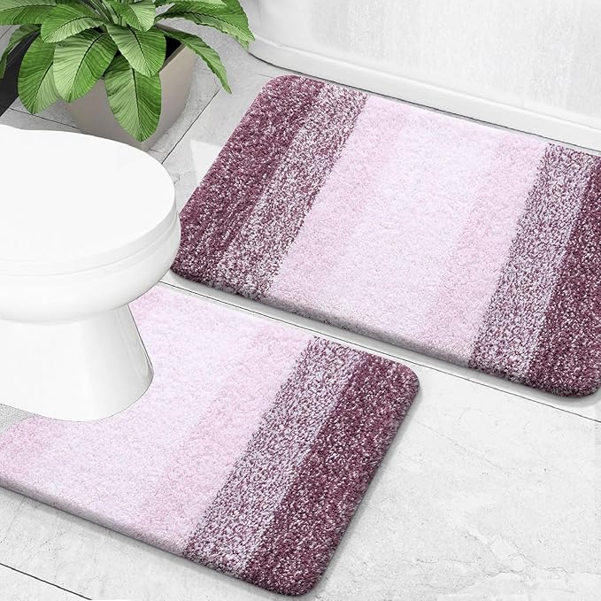 OLANLY Bathroom Rug Set 2 Piece, Soft Absorbent Microfiber Bath Mats and U-Shaped Contour Toilet Rug, Non-Slip, Machine Wash Dry, Plush Shaggy Bath Mats for Bathroom (30"x20"+24"x20", Mauve)