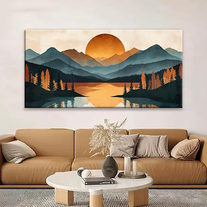 Colorful Mountain Boho Wall Art For Living Room Large Size Canvas Art Wall Decor For Office Modern Bedroom Decorations Forest River Landscape Pictures Paintings Artwork Mural Aesthetic Artwork 29 X 58 In