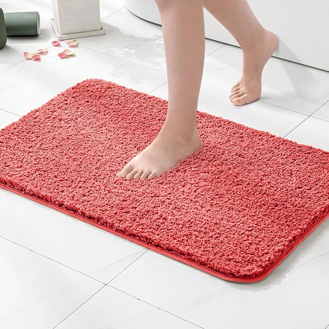 MIULEE Extra Thick Non Slip Bathroom Rug Shaggy Soft Bath Mat Plush Microfiber Absorbent Water for Shower Tub Machine Washable (Coral, 20x30 Inches)