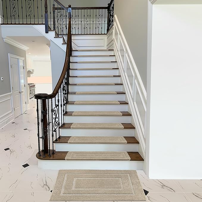PURE ERA Bullnose Carpet Stair Treads Set Tape Free Non-Slip Indoor Stair Protectors Pet Friendly Rugs 9.5" x 30"(2 Pieces,Cream Gray Rectangular)