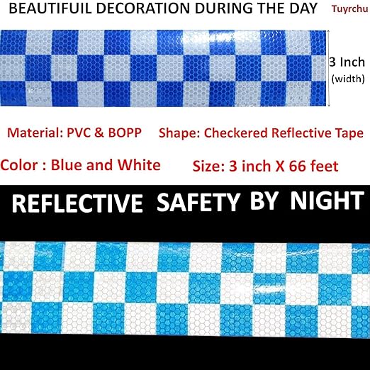 Blue and White Reflective Tape Outdoor Waterproof 3 inch X 66 feet, High Visibility Hazard Conspicuity Safety Industrial Marking Tape
