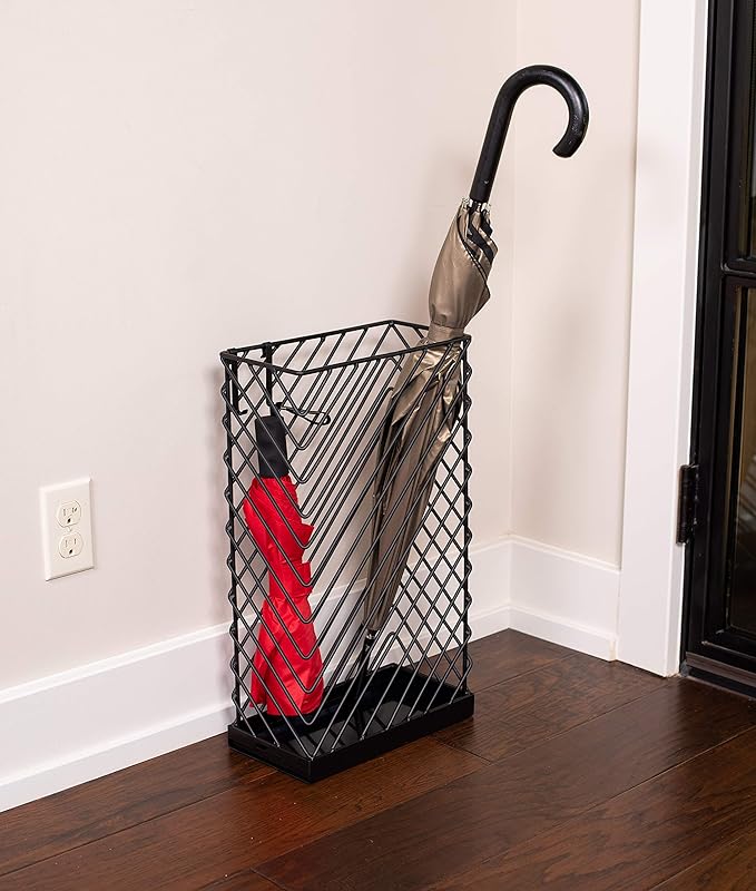 BIRDROCK HOME Decorative Umbrella Stand with Removable Water Tray - Large Metal Umbrella Rack and Cane Walking Stick Organizer for Entryway - Umbrella Holder for Indoor & Outdoor - Black, Diagonal