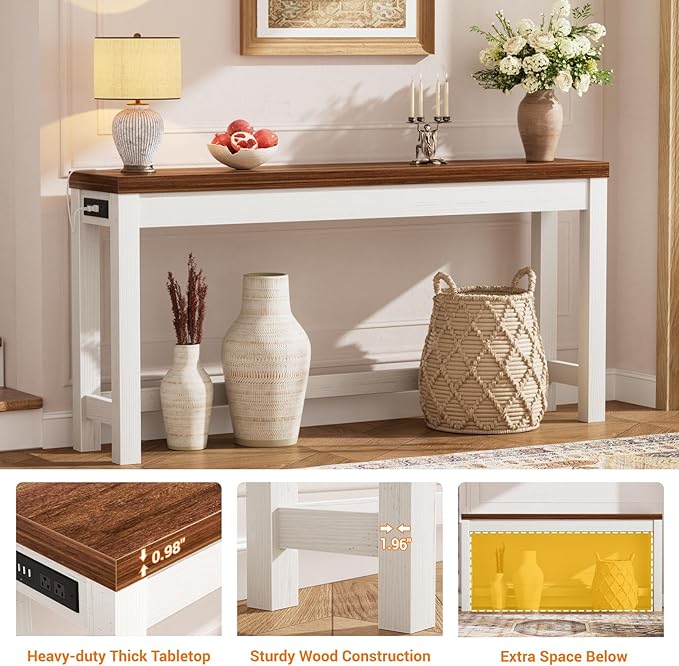 Cyclysio 63" Console Tables for Entryway, Long Console Tables for Living Room, Behind Couch Table, Sturdy Wood Support Farmhouse Entryway Table with 3AC+2USB Charging‌ Station, Rustic Oak