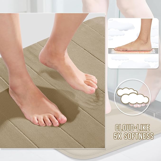 Yimobra Memory Foam Bath Mat Set 3 Pieces- Super Soft Absorbent Quick Dry Bathroom Rug Sets, Machine Washable Non Slip Floor Carpet for Tub Shower, Vanity & Toilet Base, Pale Khaki