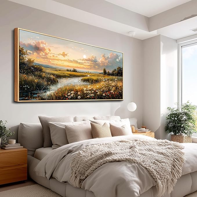 FUHAIHUA Wood Framed Canvas Wall Art For Living Room Large Wall Decor For Office Bedroom Decorations Sunset Landscape Pictures Farmhouse Painting Artwork Room Wall Mural Aesthetic Home Decor 32x72 In