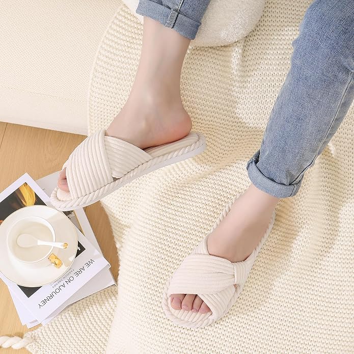 Evshine Fall House Slippers for Women Corduroy Cross Bow Indoor Slippers Open Toe Slip On Bedroom Shoes with Memory Foam