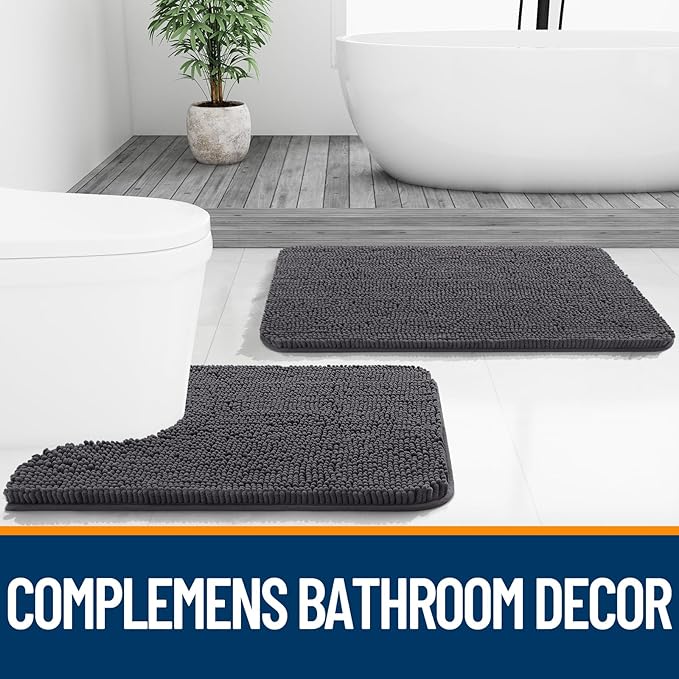 OLANLY Bathroom Rugs Sets 2 Piece, Soft Absorbent Chenille Bath Mats and U-Shaped Contour Toilet Mat Area Rug Set, Machine Washable Bath Carpet, Home Decor Accessories(24"x16"+24"x20", Dark Grey)
