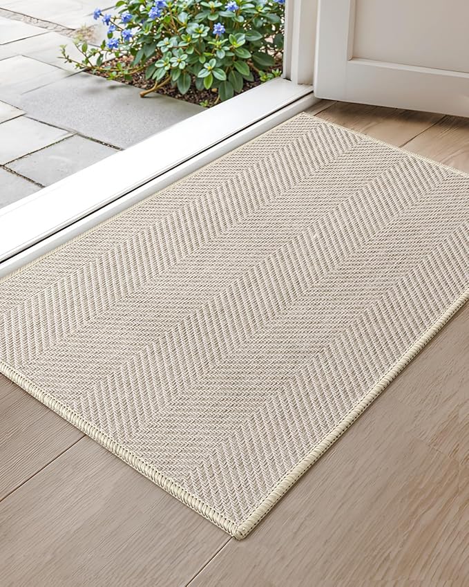 Color&Geometry Extremely White Beige Small Ultra Thin Indoor Door Mat 17"x30", Machine Washable Front Door Mat Non Slip, Low Profile Entrance Mat Indoor, Absorbent Carpet for Inside Use (FOLD)