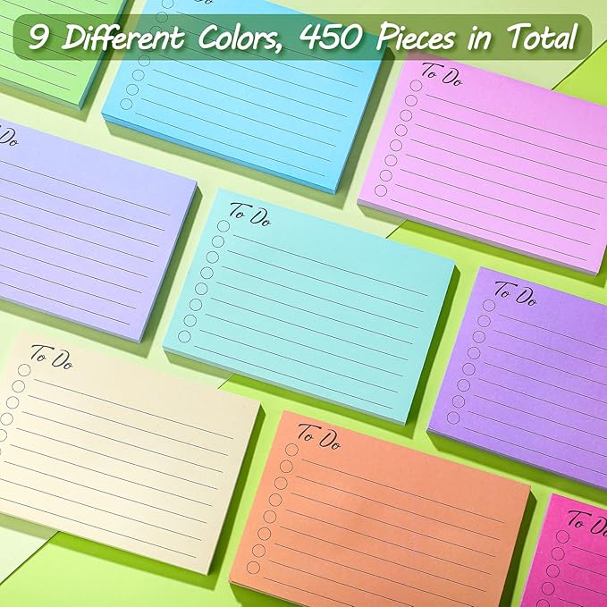 Pajean 9 Pcs/450 Sheet to Do List Sticky Note 3x4 Inch Self Stick Pads with Line Colored Planner Sticky Note Adhesive Memo for Office, Meeting, School, Study, Home Reminder (Simple Colors)