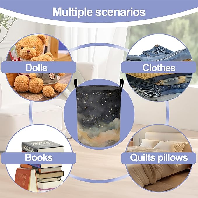 Laundry Basket,Night Sky Stars Clouds Large Canvas Fabric Lightweight Storage Hamper Organizer Dirty Clothes Collapsible Waterproof for College Dorms,Bathroom