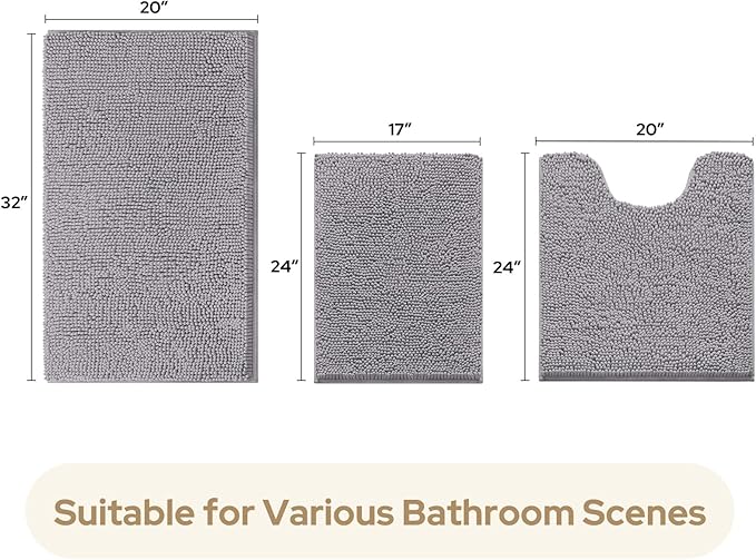 HOMEIDEAS 3 Pieces Bathroom Rugs, Ultra Soft Non Slip Absorbent Chenille Toilet Bath Mat Set (Grey)