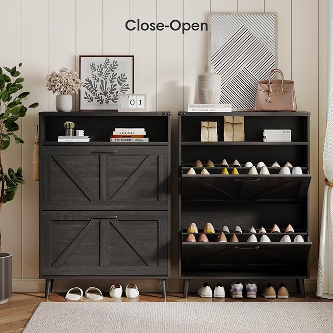 Shoe Cabinet with 2 Flip Drawers & Open Storage,Farmhouse Shoe Storage Cabinet for Entryway,Freestanding Narrow Organizer Rack with Legs,Foyer,Hallway,Black