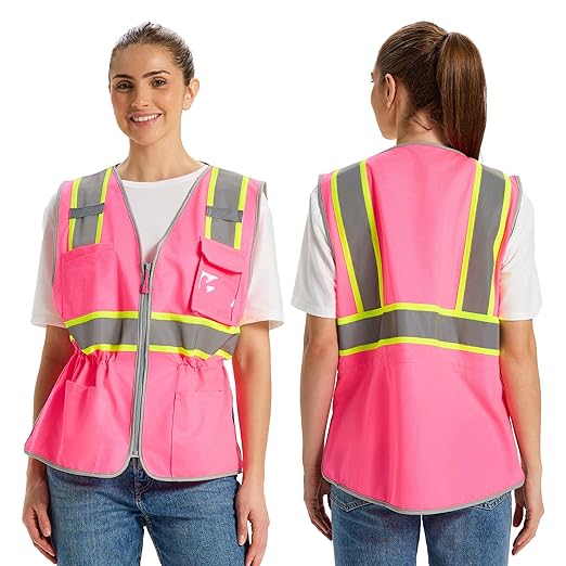 Hi Vis Safety Vest for Women, Working Drawstring waist Construction Vest with Pockets and Zipper, Womens Safety Vest, ANSI Type R Class2