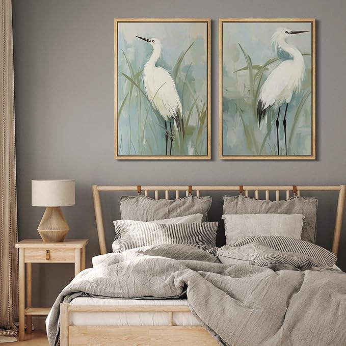 MUDECOR Framed Canvas Print Wall ArtWhite Heron Pair in Marsh Coastal Illustrations Modern Art Decorative Bohemian Colorful for Living Room, Bedroom, Office - 16"x24"x2 Natural
