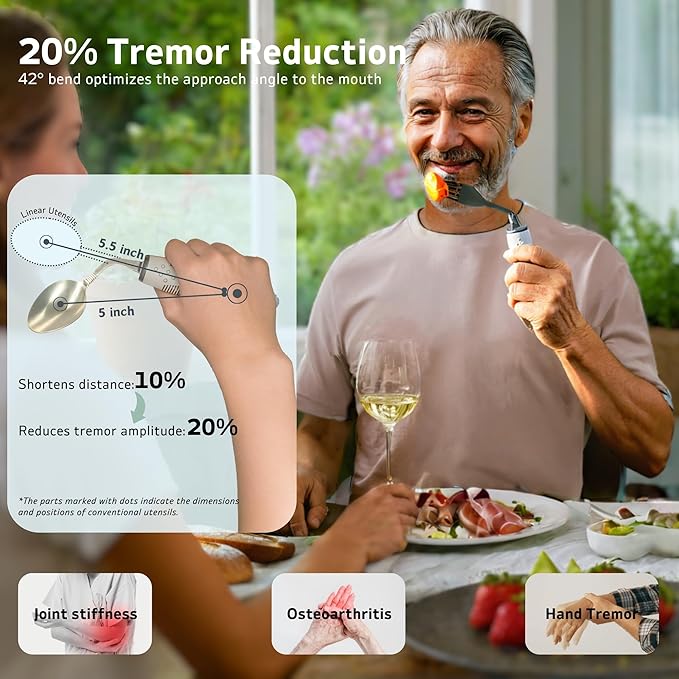 3-Piece Adaptive Utensils Set - 42° Angled Parkinsons Utensils, 2.5 oz Weighted Utensils for Tremors and Parkinsons Patients, Easy Grip Weighted Silverware for Hand Tremors (Left-Handed)