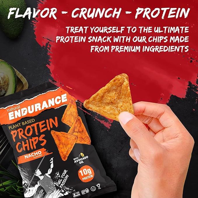 Natural Endurance Protein Chips - Low Carb Chips, High Protein Snack, Vegan Protein with Avocado Oil, 14g Protein Per Bag, Gluten Free, Original, Nacho & Chili - Variety Pack, 1.38 oz Bags (12 Pack)