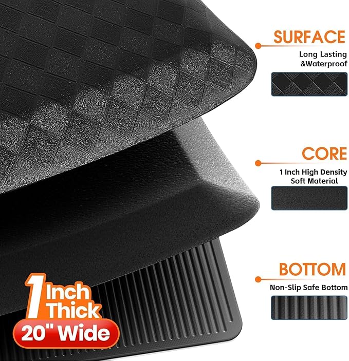StepRite 1” Thick Kitchen Mats for Floor, Anti Fatigue Kitchen Rugs, Non-Slip,Heavy Duty Waterproof Kitchen Rug, Standing Desk Mat，Xmas Decor，Gifts for Friends, Family, Home, Kitchen, Office, (Black)