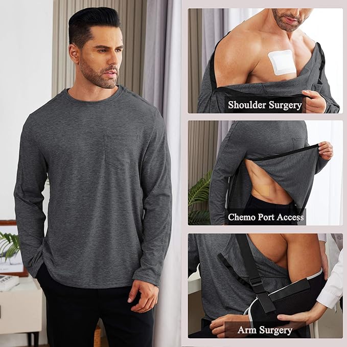 Deyeek Men's Post Shoulder Surgery Recovery Shirts Full Tear Away Long Sleeve Snap Chemo Port Access Shirt