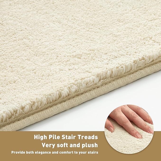 PURE ERA Carpet Stair Treads Ultra Plush Soft Indoor Stair Protectors Pet-Friendly Non-Slip Skid Resistant Tape Free Washable Reusable(14 Pieces,Beige)