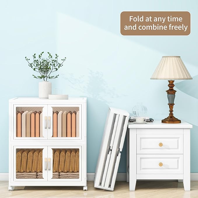 Large Clear Stackable Storage Bins with Lids, 199QT-99.5QT*2Tier Foldable Cabinet for Closet Organizers, Plastic Storage Box with Wheels White