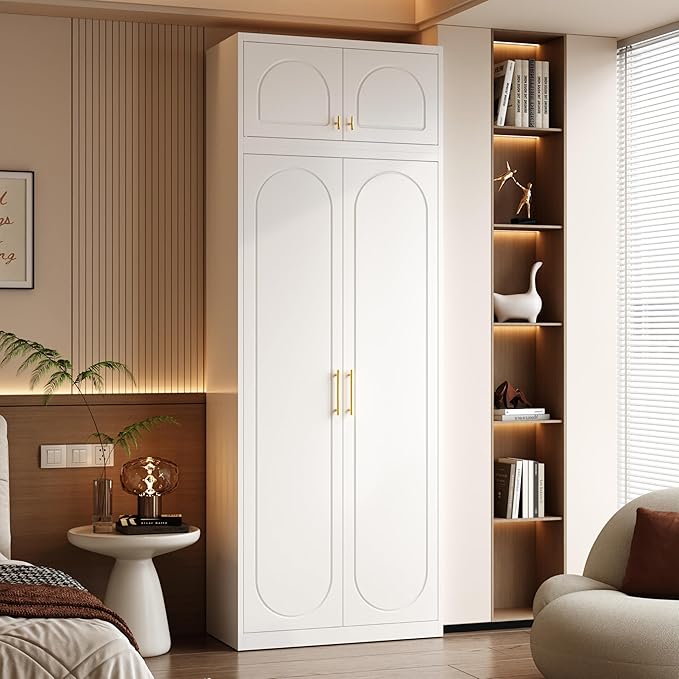 Armoire Wardrobe Closet with Hanging Rod, 86 Inch Tall Metal Wardrobe Cabinet, Metal Armoire with Doors, Large Freestanding Wardrobes for Bedroom, 18"D x 32"W x 86"H, White, Assemble Required