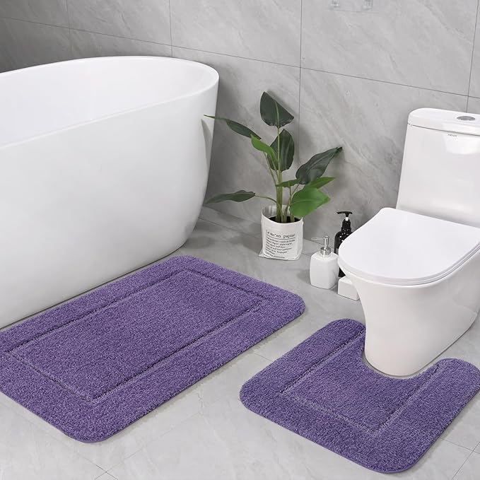 LOCHAS Bathroom Rug Set Purple, Soft Bath Rug Set 2 Piece Set, Toilet Mat U-Shaped 20x20 and 34x20 Bath Rugs, Quickly Dry Mats for Bathroom, Tub, Washable, Super Absorbent Floor Mat