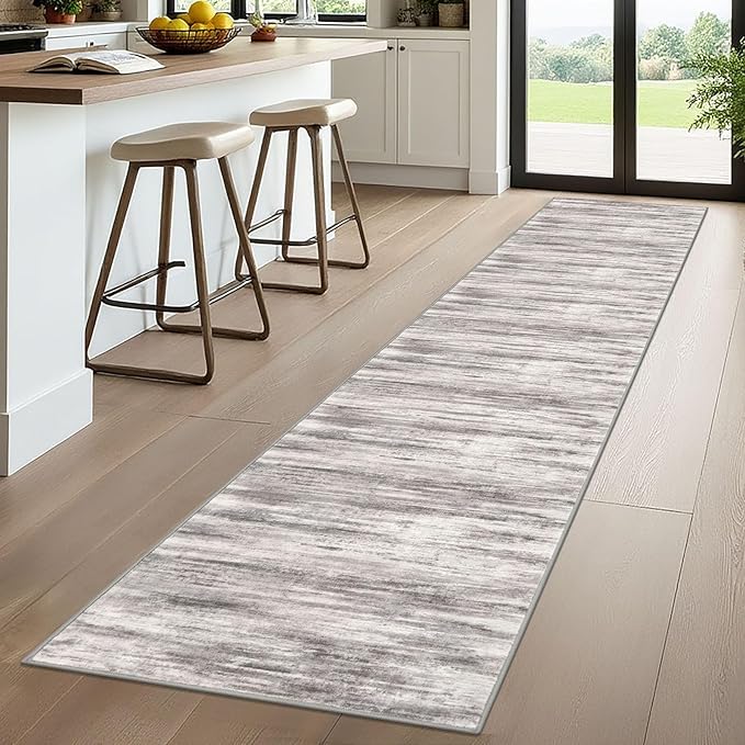 KOZYFLY Modern Abstract Hallway Runner, 2x10 Washable Rug Runner Non-Slip Soft Striped Kitchen Runner Rug, Grey Beige Print Carpet for Entryway Bathroom Laundry Room Foyer