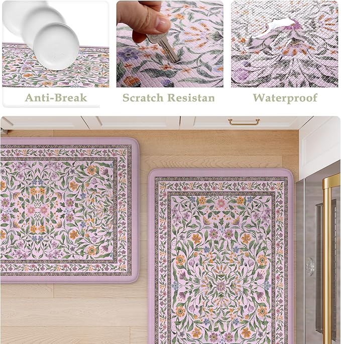 KIMODE Anti Fatigue Kitchen Mats 20"x47"+20"x32", Boho Flora Kitchen Rugs Sets of 2, Cushioned Non Skid Kitchen Mats for Floor, Comfort Kitchen Floor Mats for Sink Laundry Desk Purple