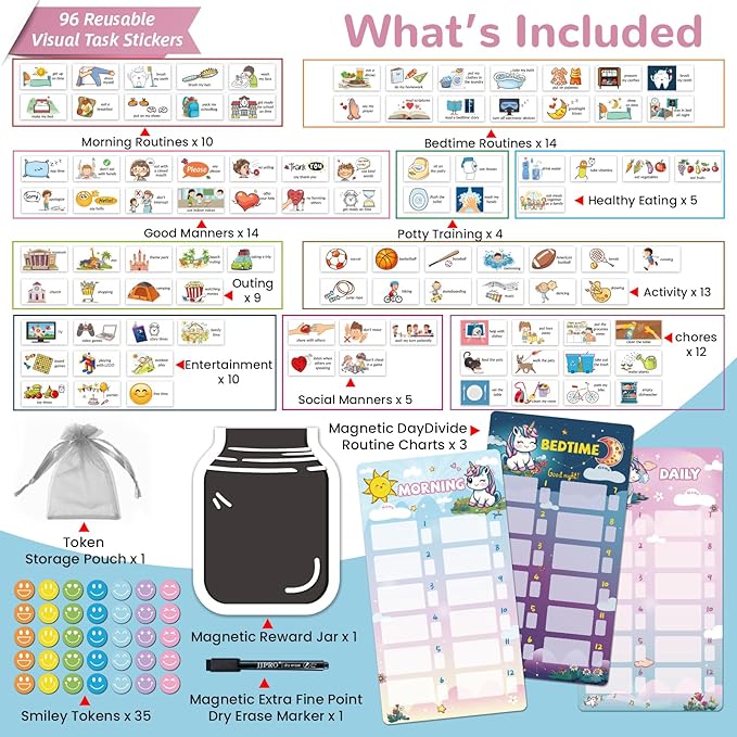 JJPRO Magnetic Bedtime/Morning/Daily Reward Routine Chart for Kids with Reward Jar-Bedtime Routine Chart,Reward Jar for Kids,Daily Checklist Reward Chart for Toddlers,Visual Schedule Board -Unicorn