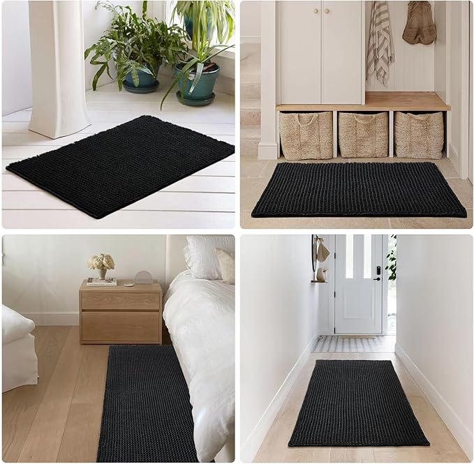 Black Bathroom Rug, Waffle Bath Mat Non Slip Washable Super Absorbent Quick Dry Boho Farmhouse Bathroom Decor, 48"x24" Black