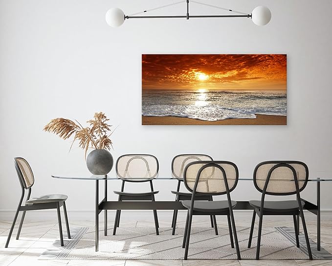 Muolunna S04698 Canvas Prints Wall Art Sunset Ocean Beach Pictures Paintings for Living Room Bedroom Home Decorations Framed Ready to Hang Seascape Waves Artwork