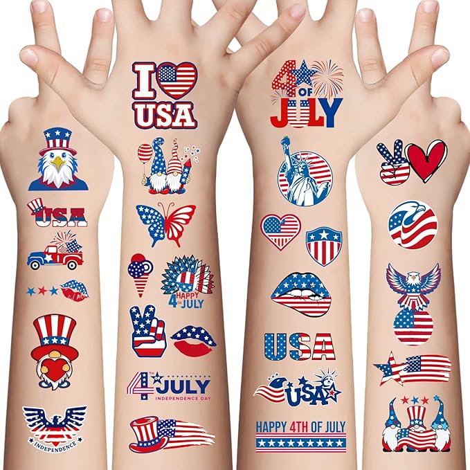 4th of July Temporary Tattoos - 80 Pcs Independence Day American Flag Red White and Blue Tattoos for Kids,Memorial Day,Labor Day,Fourth of July Party Decorations and USA Party Favors 10 Sheets