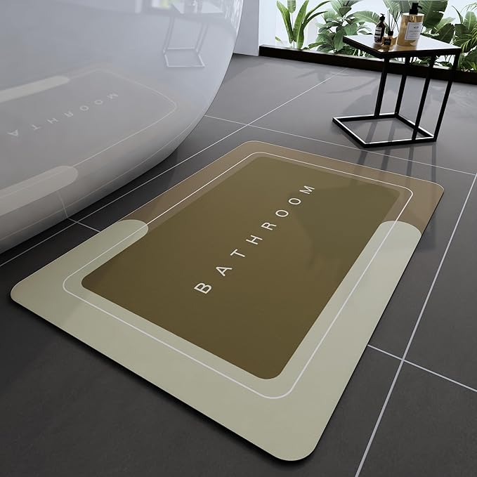 Bath Mat, Bathroom Mat Rugs Super Absorbent Shower Mats Non Slip Quick Dry Thin Rubber Mats for Bathroom Floor Fit Under Door, Shower Rug for Bathtub, Shower, Brown