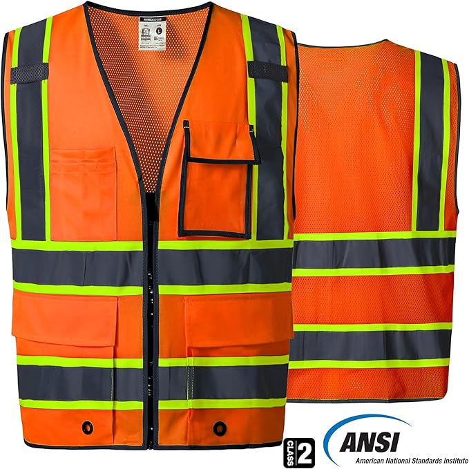 SKSAFETY 10 Pockets Safety Vest, Class 2 High Visibility Security with Zipper Back Mesh, Hi Vis Vest with Reflective Strips, ANSI/ISEA Standard, Construction Work Vest for Men ＆ Women （Orange, 4XL）