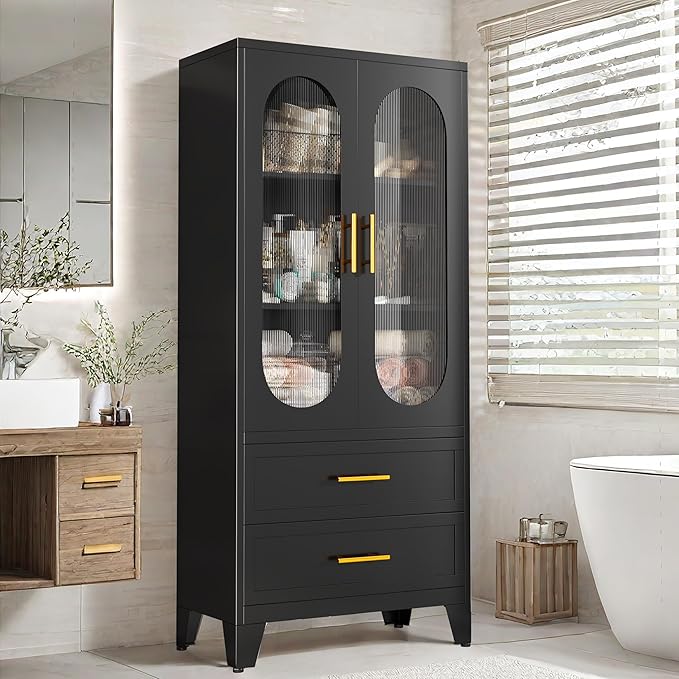 Metal Garage Storage Cabinet, Kitchen Pantry Storage Cabinet with 2 Drawers and 2 Adjustable Shelves Versatile Storage for Homes Offices Gym Basement Warehouse (Black)