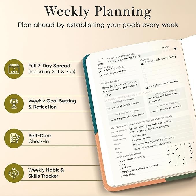 2026 Planner, Daily Journal & Gratitude Journal All-In-One with To Do List, Self Care Prompts & Habit Tracker - 7 x 10 - Green