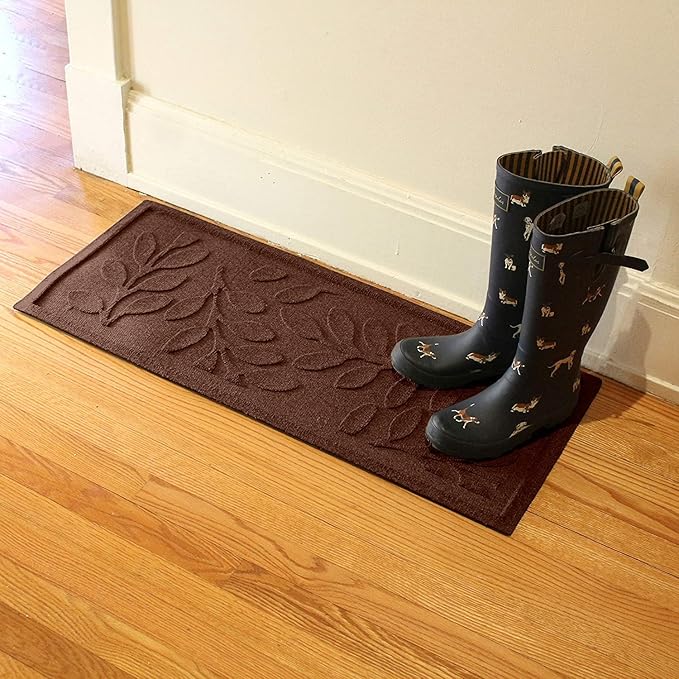 Bungalow Flooring Waterhog Indoor/Outdoor Boot Tray, 15 by 36 inches, Made in USA, Skid Resistant, Easy to Clean, Catches Water and Debris, Brittney Leaf Pattern, Dark Brown