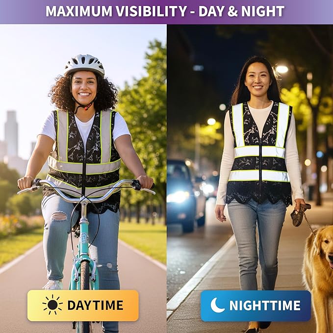 Lace-Mesh Safety Vest for Women & Men - Breathable, High Visibility Vest with Zipper & ANSI Class 2 Reflective Strips