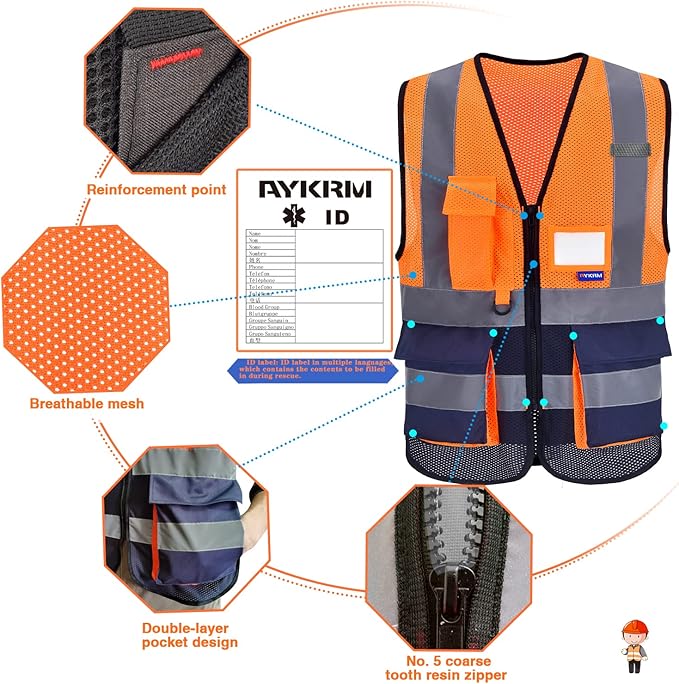 A-SAFETY High Visibility Safety Vest with 4 Reflective Strips 7 Pockets,Orange&Navy Mesh X-Small