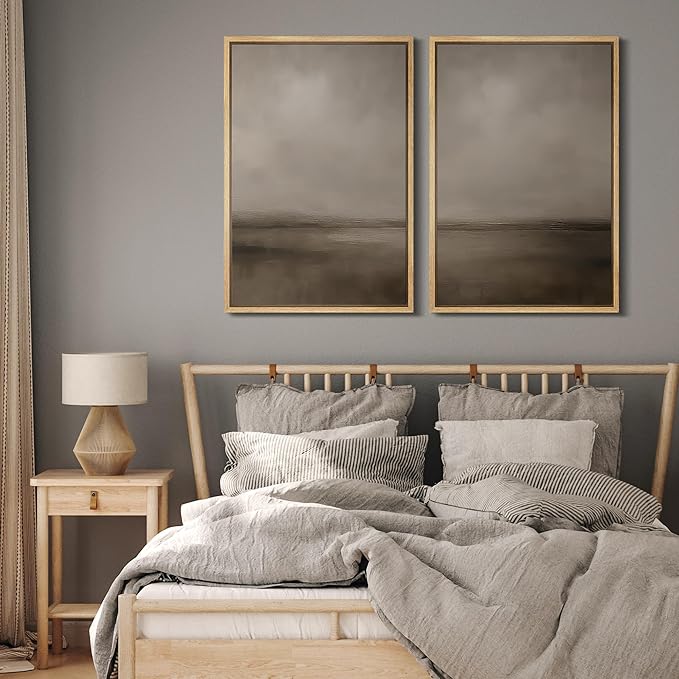 MUDECOR Framed Canvas Print Wall Art Abstract Brown and Taupe Modern Minimalist Misty Landscape Illustrations Modern Art Decorative Bohemian for Living Room, Bedroom, Office - 16"x24"x2 Natural