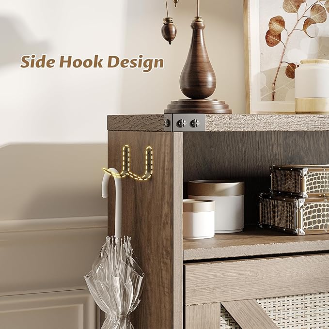Shoe Cabinet with 2 Flip Drawers & Open Storage,Farmhouse Shoe Storage Cabinet for Entryway,Freestanding Narrow Organizer Rack with Legs,Foyer,Hallway,Rustic Oak Rattan